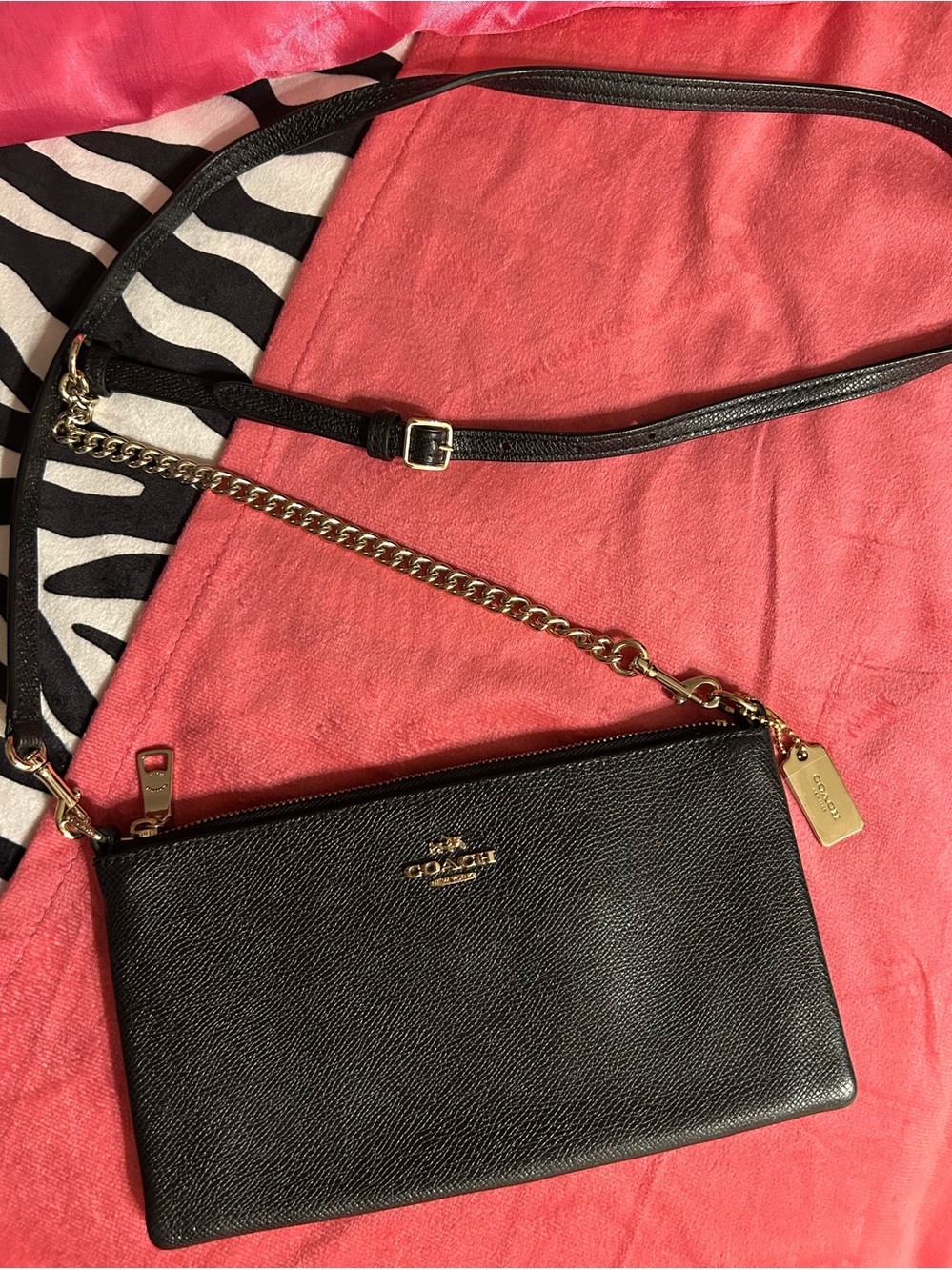 Coach Black Leather Crossbody with Gold Chain and Tag